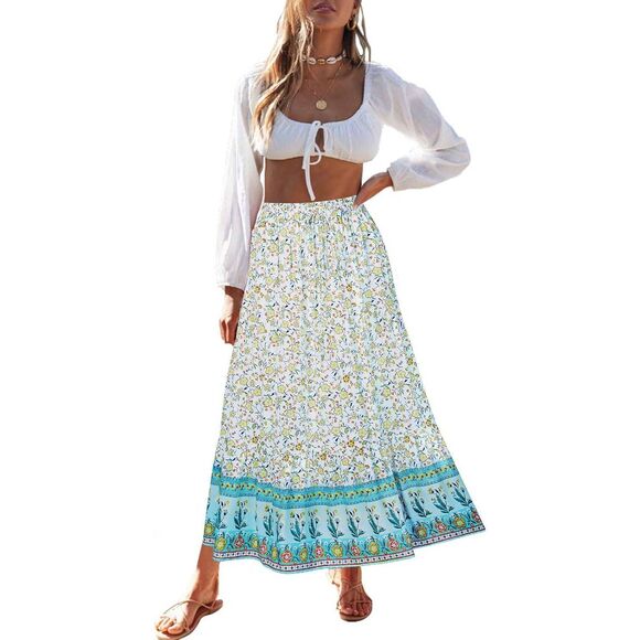 Zesica White Floral Bohemian Hippie Flowy Maxi Skirt - Picture 1 of 5